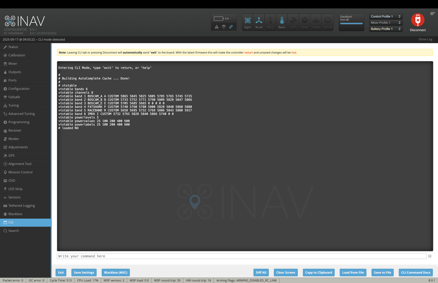 CLI-настройки VTX для INAV